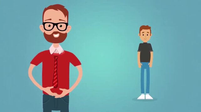 2D Animated Hipster Man with Beard Looking at Small Character Flat Vector Motion Graphics Character Animation Footage
