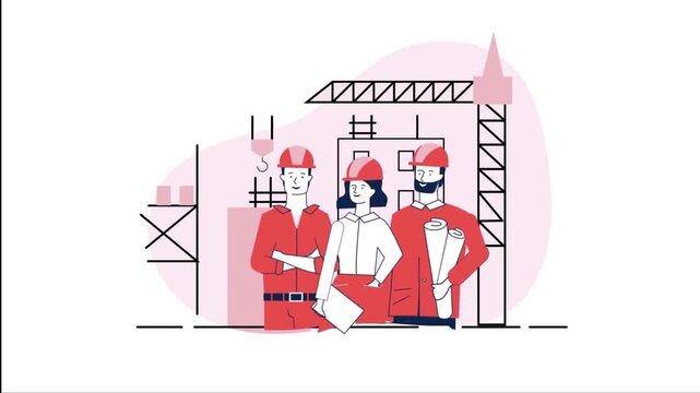 2D Animated Group of Construction Engineers wearing Hardhats in Front of Building Frame Flat Vector Character Animation Footage
