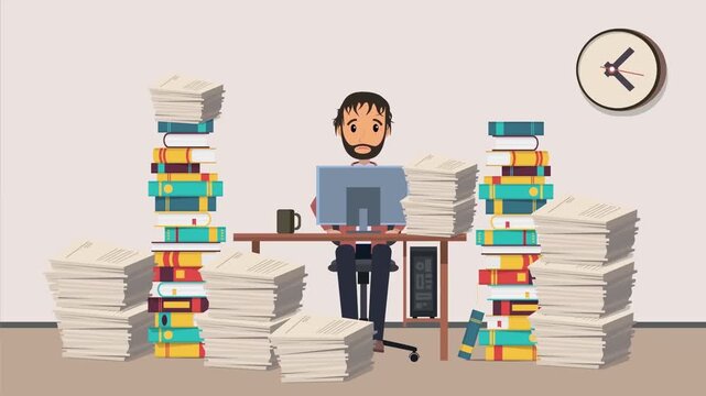 2D Animated Stressed Office Worker Sitting at Desk Buried in High Stacks of Paperwork Flat Vector Character Animation Footage