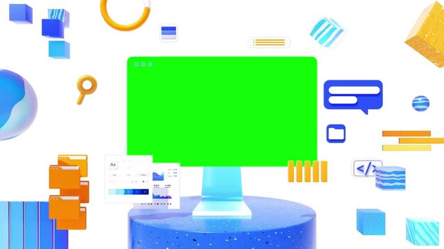 Computer monitor stands on a pedestal surrounded by floating 3D icons and data visualization elements.