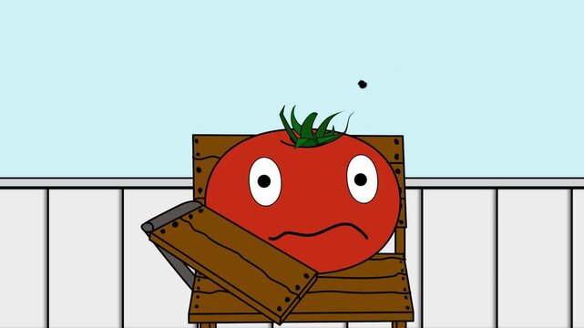 Angry tomato with wooden sign on fence green screen chromakey background 2d animated cartoon animation scene element clip visual frame sequence theme scene element 