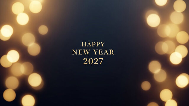 Happy New Year 2027 elegant gold text sign centered on dark black background framed by soft golden bokeh circle lights, luxury winter holiday celebration greeting card poster decorative graphic.