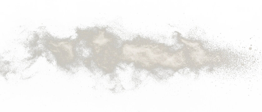 Beige powdery material against a black backdrop, elongated. Edges have scattered dust particles, creating a blurred, abstract composition