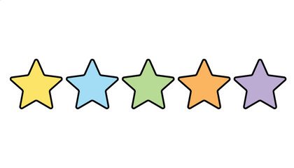 Fototapeta premium Row of five colorful cartoon stars in yellow, blue, green, orange, and purple, perfect for rating and review interfaces.