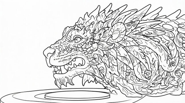 Mythical lion with Thai-style woodcarving ornamentation adult coloring page in meditative style