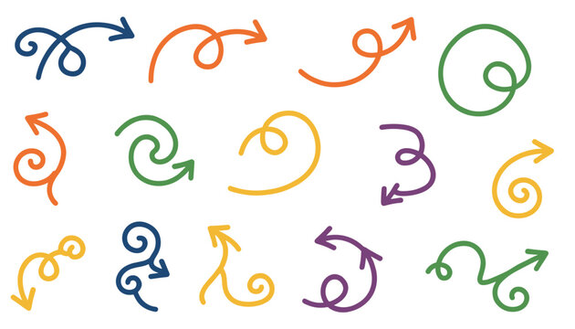 Fifteen hand-drawn curly and wavy arrows in bright blue, orange, green, yellow, and purple on a white background.