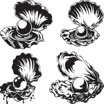 Pearl in oyster shell vector set open seashell with pearl black silhouette collection