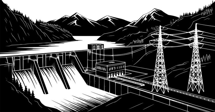 Hydroelectric power plant dam landscape featuring water reservoir, powerhouse, high voltage transmission towers, and mountain scenery in black and white linocut vector illustration style.