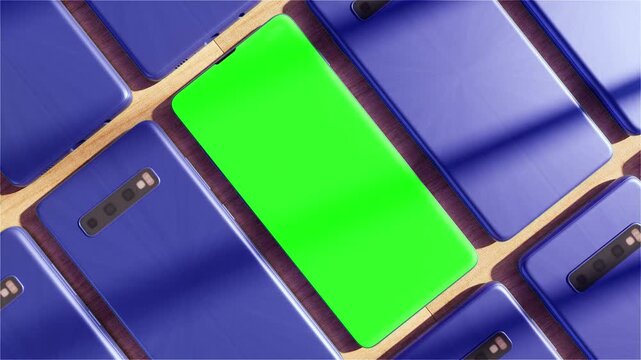Smartphones with green screens are arranged in a pattern to provide ample space for custom digital content.