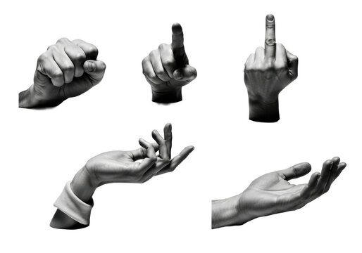five highly detailed adult human hands in various symbolic gestures (fist, pointing, obscene, elegant) in high-contrast grainy black and white on a sterile white background, powerful concept of human