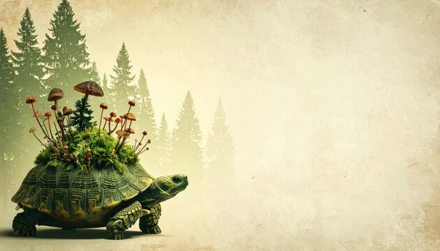 Surreal fantasy tortoise carrying a lush forest ecosystem on its shell with mushrooms and moss on a vintage paper background featuring ample copy space