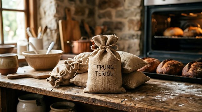 Burlap sack of wheat flour in a rustic bakery kitchen