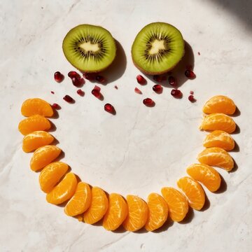 A top down view of a large smiley face composed entirely of arranged objects on a flat surface, a playful creative flat lay about happiness and positive mood