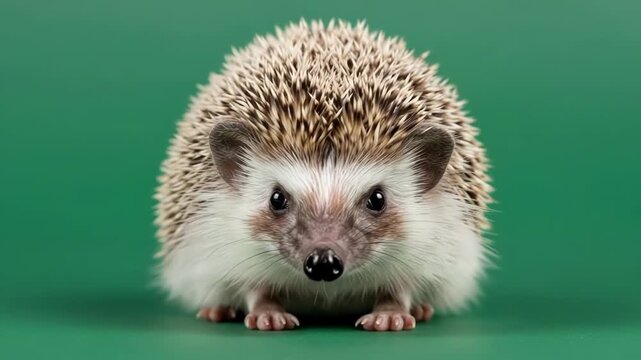 A small african pygmy hedgehog posing against a solid dark green background