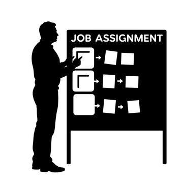 Silhouette person pointing at job assignment board, roster coordination and shift planning for work schedule management