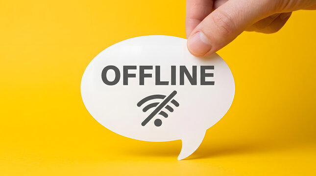 Hand holding a white speech bubble with the word OFFLINE and a crossed-out WiFi symbol, against a solid yellow background featuring text