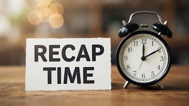 Small card with RECAP TIME text next to a vintage black alarm clock on a wooden table