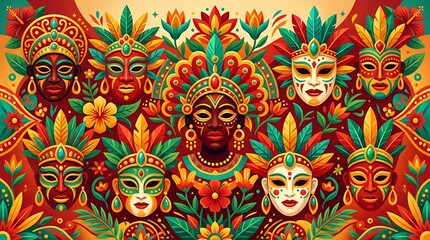 Obraz premium Vibrant carnival masks with feathers and tropical floral patterns
