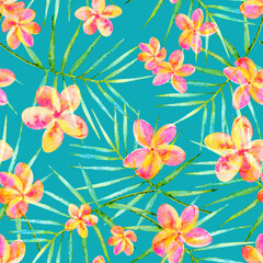 Tropical botanical seamless floral pattern on a teal background  © AineGing