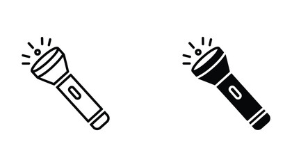 Flashlight beam illumination icons featuring handheld torch equipment in outline and solid black styles for emergency lighting search tools and outdoor adventure gear interface elements © TARU STOCKPLC