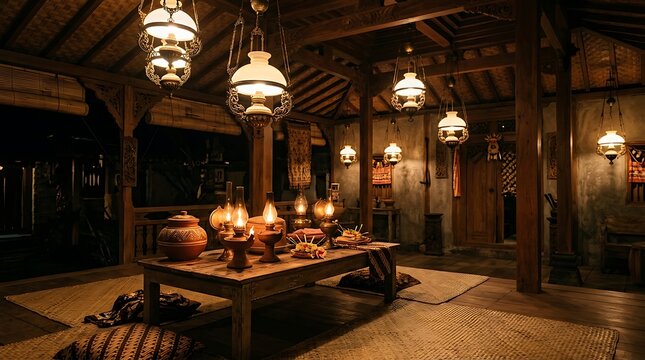 Warm interior of a traditional wooden house with vintage lamps