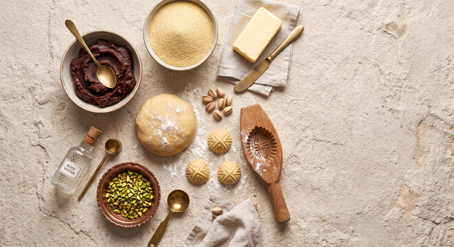 Overhead flat lay of traditional Saudi Maamoul date cookie ingredients on stone