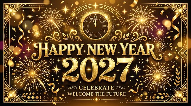 Happy new year 2027 decorative frame with countdown clock fireworks and luxury gold ornaments for holiday greetings.