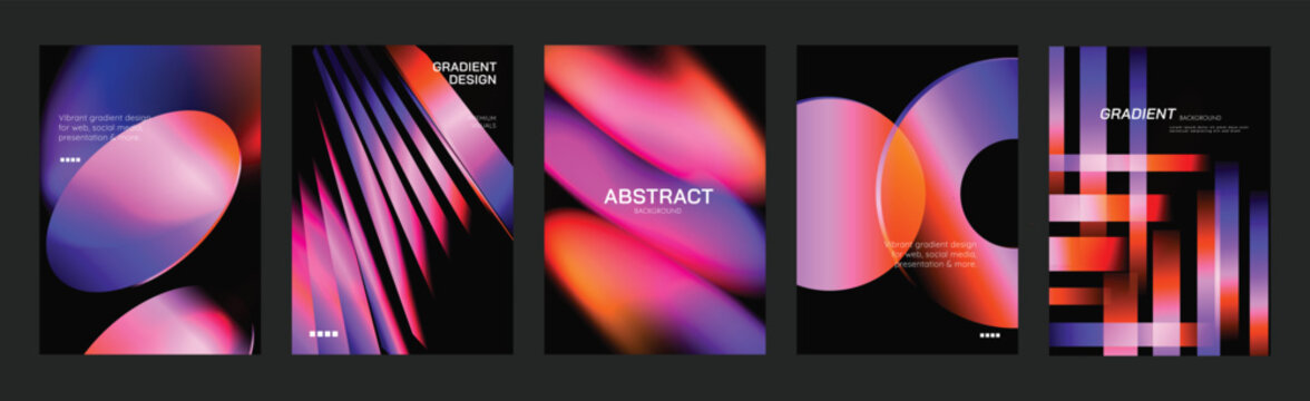 Abstract gradient poster background vector set. Modern cover templates with colorful geometric shapes and optical illusion design for social media, banner and wallpaper.