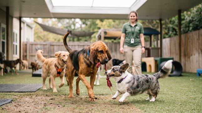 Woman playing with happy dogs in a dog daycare center
