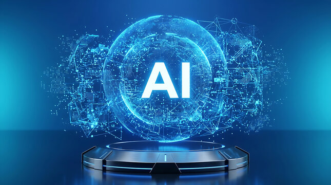 Glowing blue holographic sphere with a i text on futuristic platform artificial intelligence technology