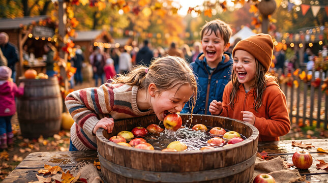 Happy children laughing while playing apple bobbing game at autumn festival.