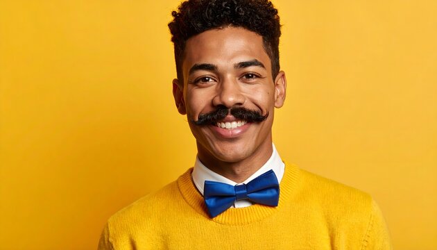Retrato de hombre joven sonriente con bigote, jersey amarillo y pajarita azul sobre fondo amarillo