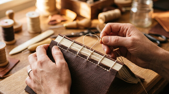 Artisan hands stitching a handmade leather journal spine in a workshop
