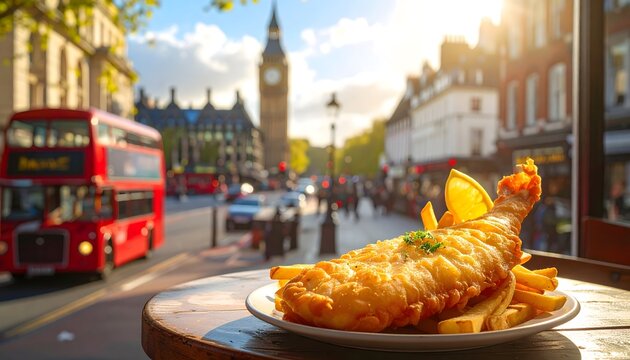 Plato de pescado frito con patatas y lim&oacute;n sobre una mesa exterior con autob&uacute;s rojo y calle urbana de Londres al fondo