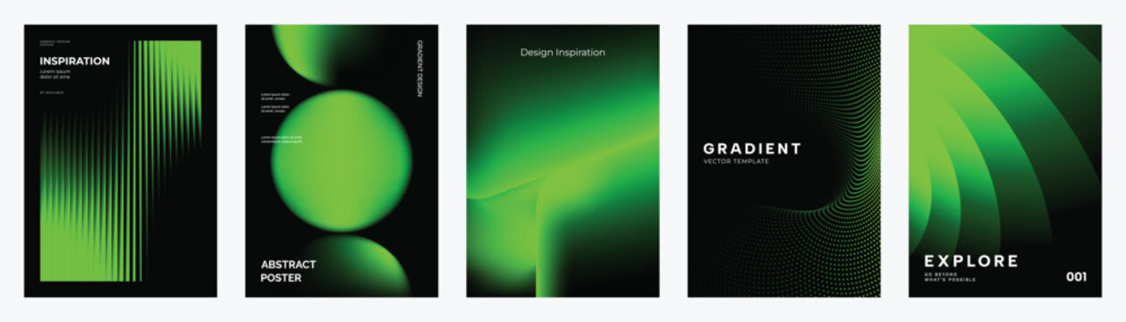 Abstract gradient poster background vector set. Modern cover templates with colorful geometric shapes and optical illusion design for social media, banner and wallpaper.