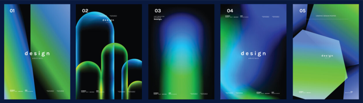 Abstract gradient poster background vector set. Modern cover templates with colorful geometric shapes and optical illusion design for social media, banner and wallpaper.