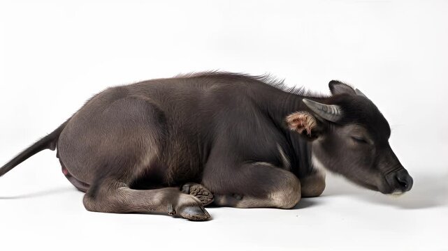 A close-up studio shot of a adorable young water buffalo calf sleeping peacefully lying down against a solid white isolated background
