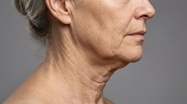 Macro shot of skin texture showing neck wrinkles and loose tissue on a female chin.