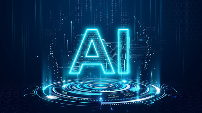 Glowing cyan a i letters on futuristic digital interface background artificial intelligence technology
