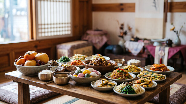 Traditional Korean Chuseok harvest festival feast served on a wooden table.