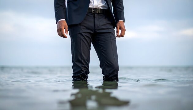 Hombre con traje de negocios de pie dentro del agua del mar con el horizonte al fondo