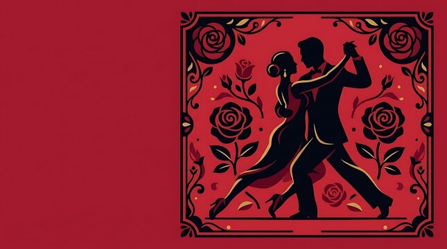 Elegant tango couple dancing in a floral frame on red background