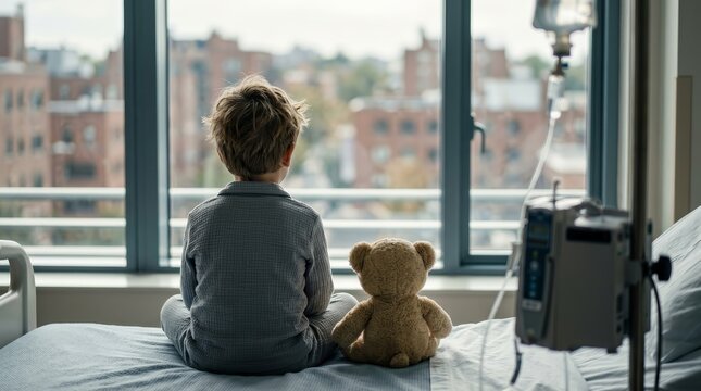 Pediatric patient boy sitting on a hospital bed with a teddy bear in a medical ward.