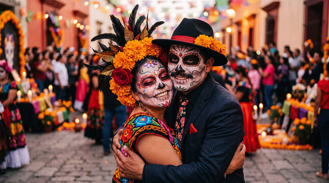 Smiling couple in Catrina makeup celebrating Dia de los Muertos festival