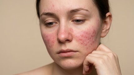 Naklejka premium Detailed view of a young Caucasian woman's face with severe rosacea and acne inflammation.