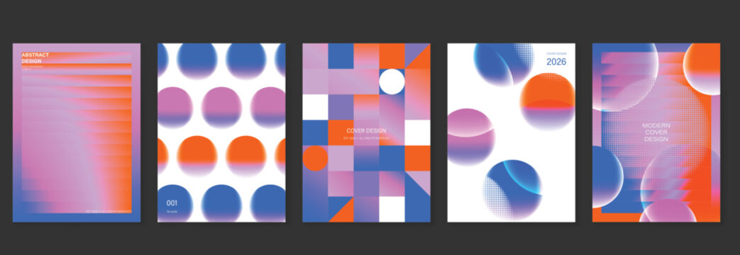 Abstract gradient poster background vector set. Modern cover templates with colorful geometric shapes and optical illusion design for social media, banner and wallpaper.