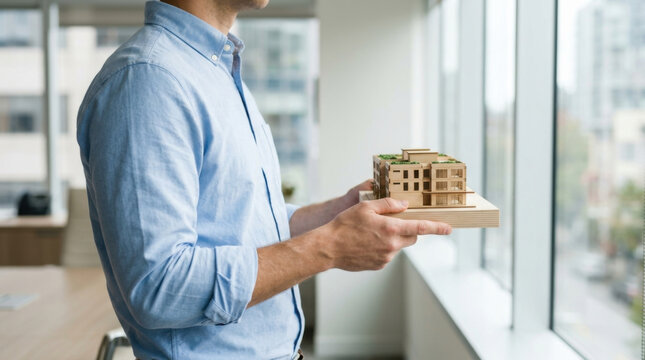 Model building in office near window with architectural miniature in hands
