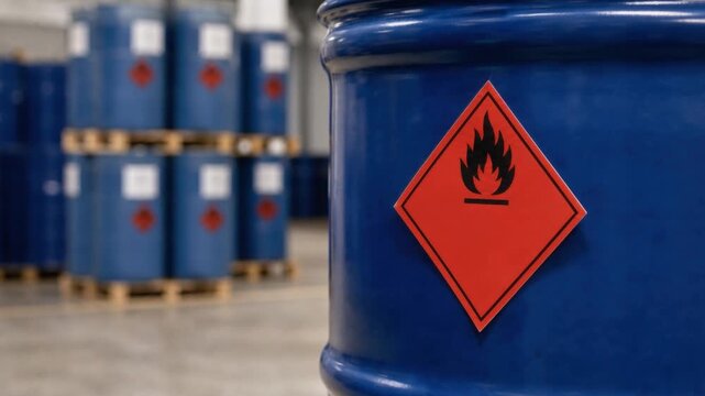 Blue industrial barrels with flammable hazard signs in warehouse storage for chemical safety and fire prevention