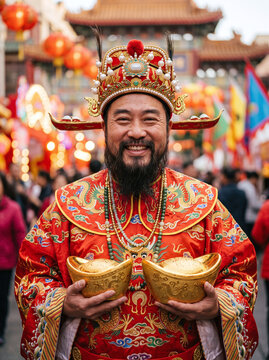 Smiling Caishen God of Wealth holding gold ingots for Chinese New Year