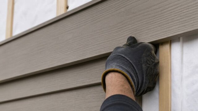Close up of worker installing vinyl siding on house exterior wall with protective gloves
